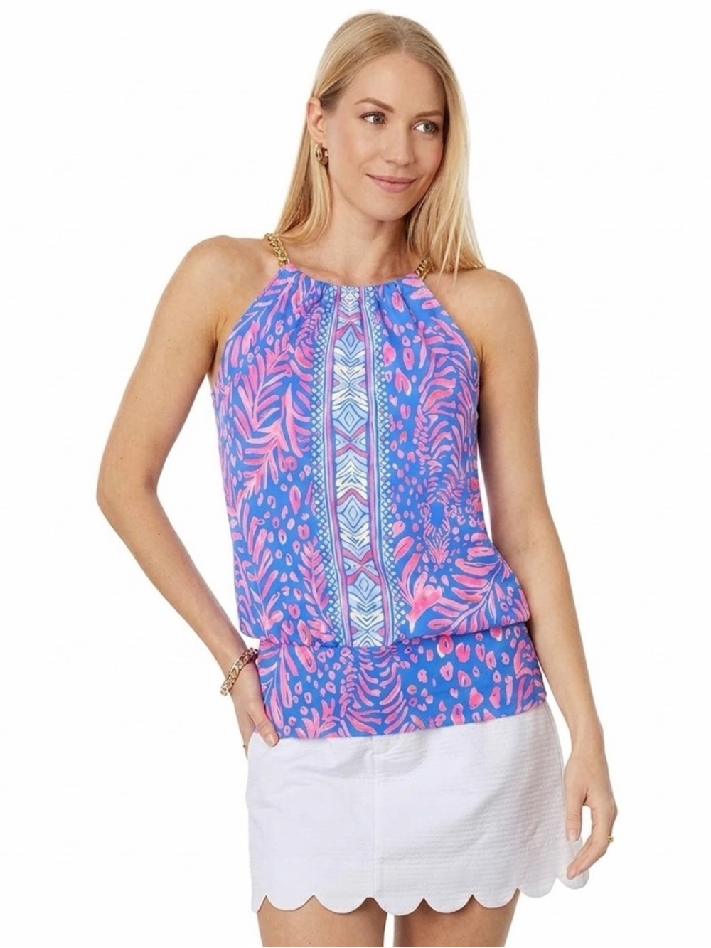 Lilly Pulitzer Blue and Pink Printed Halter Tank with Gold Chain Straps